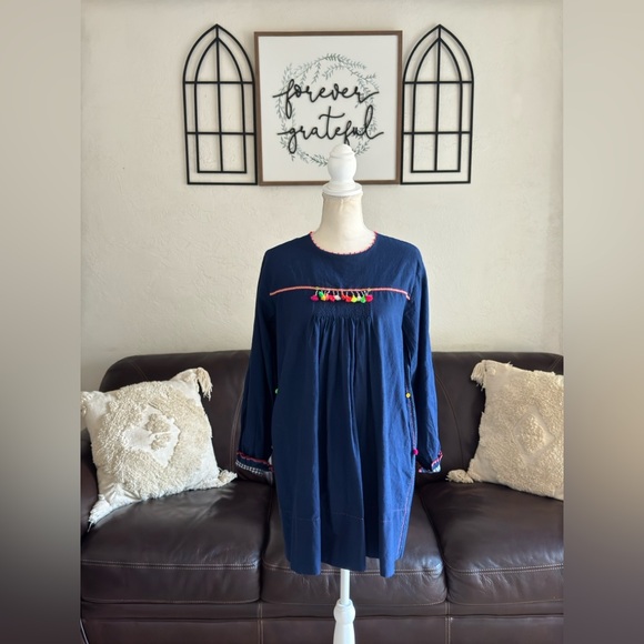 Pero 100% Cotton Tunic Dress In Navy Blue Designer Size 38 Handmade In India - Picture 3 of 16